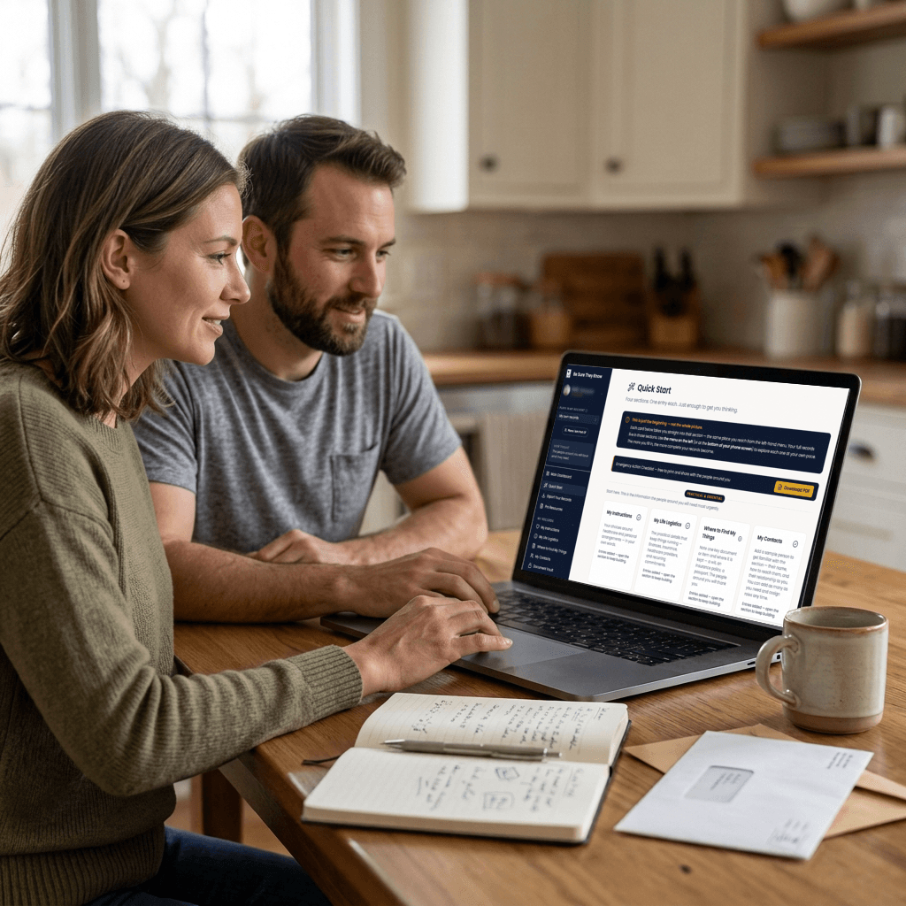 A younger woman and man organizing information together at a kitchen table, with Be Sure They Know’s Quick Start screen on their laptop.