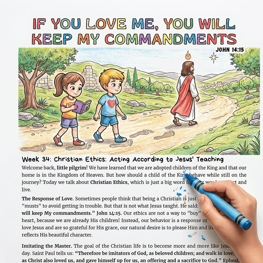 Child coloring weekly verse illustration with crayons