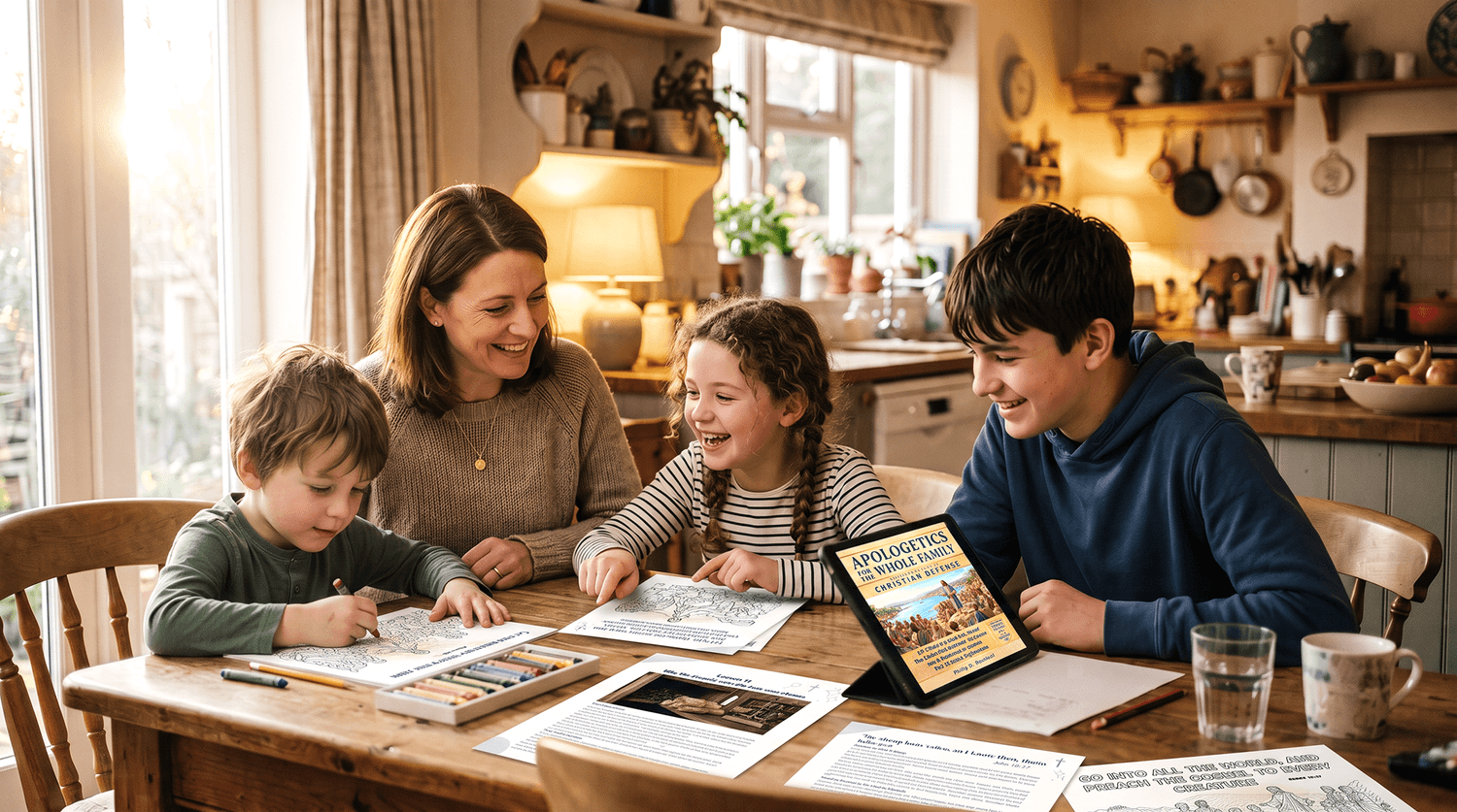 Mother with 3 children studying together around a warm dining table