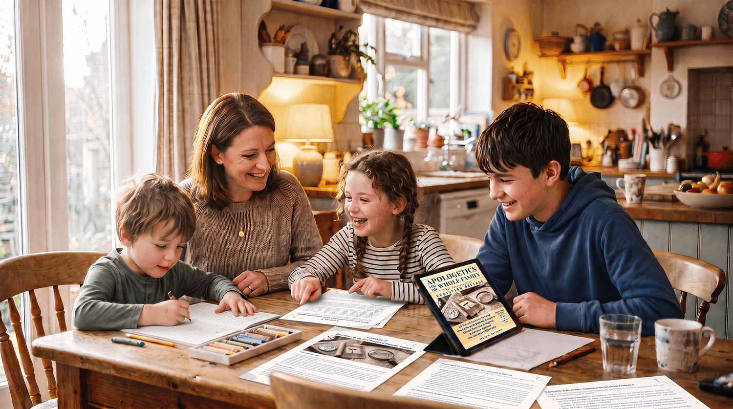 Mother with children studying together around a warm dining table
