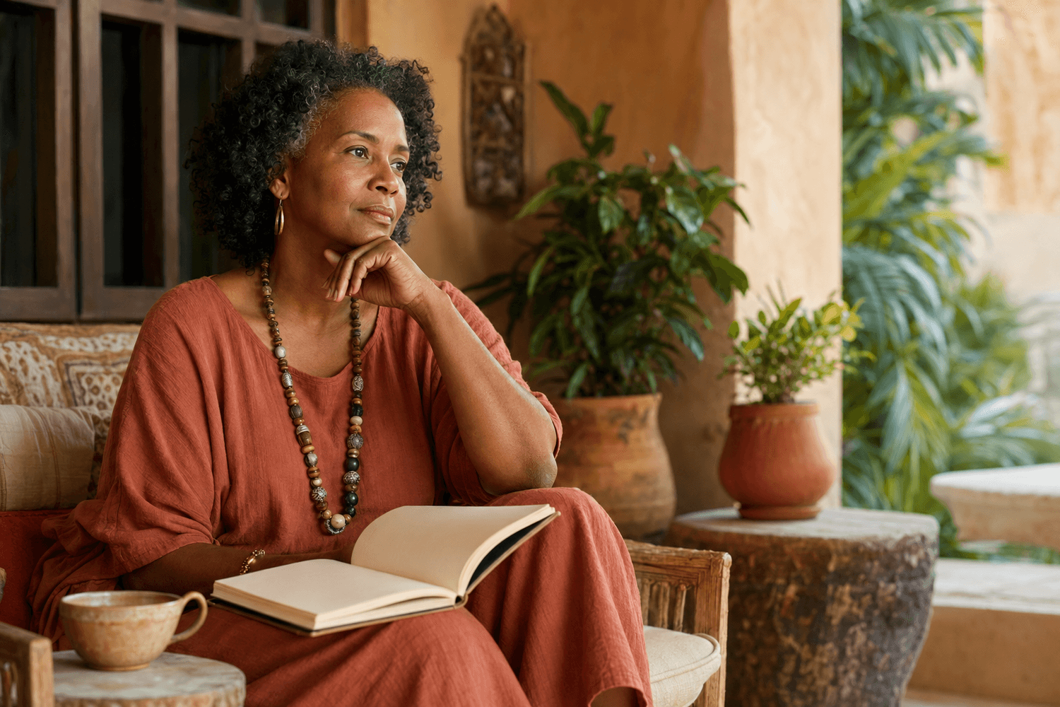 Black woman reflecting with her journal while living abroad