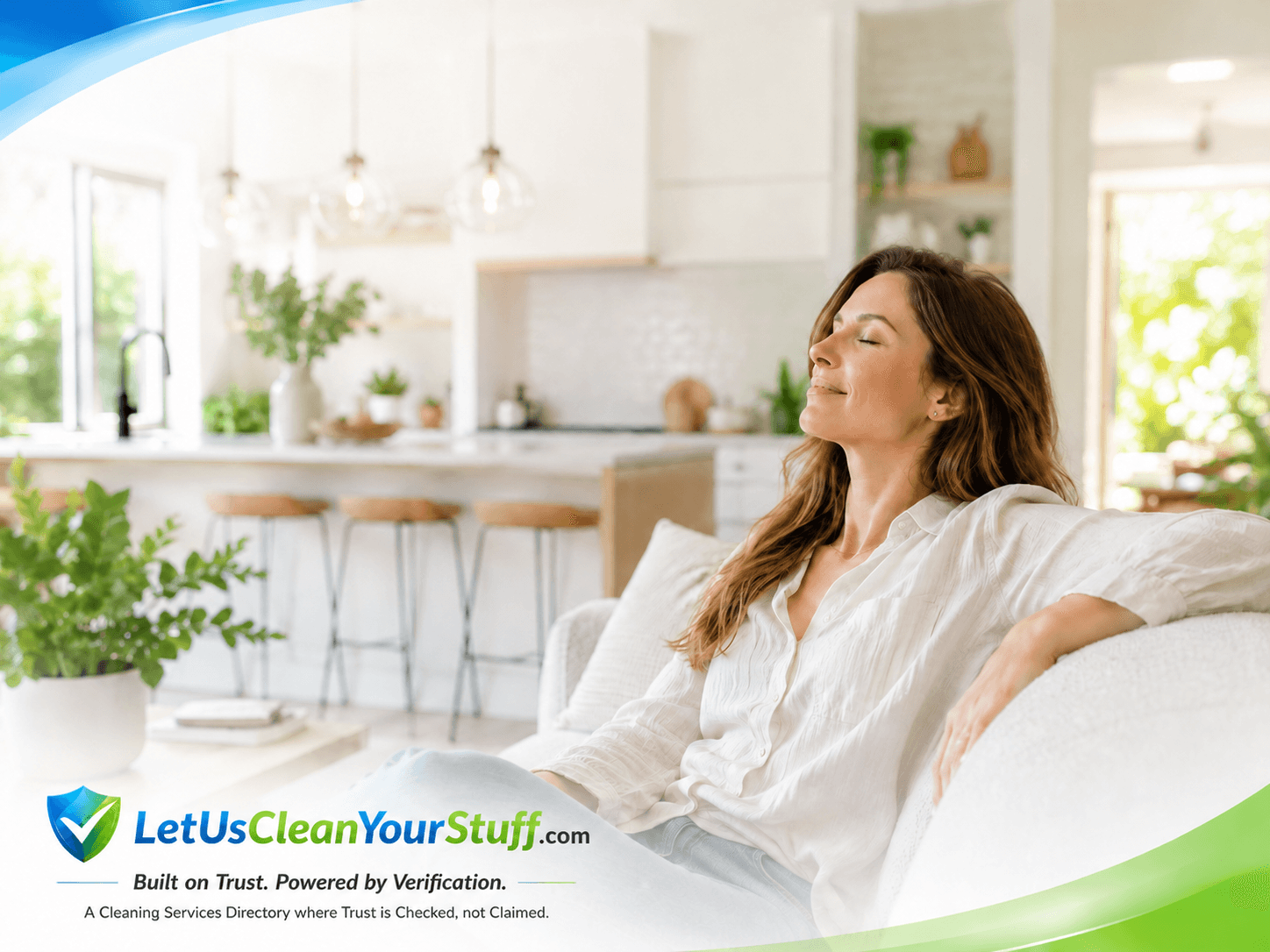 Relaxed woman in a bright modern home representing The Imagine Campaign and making home life feel easier with cleaning services