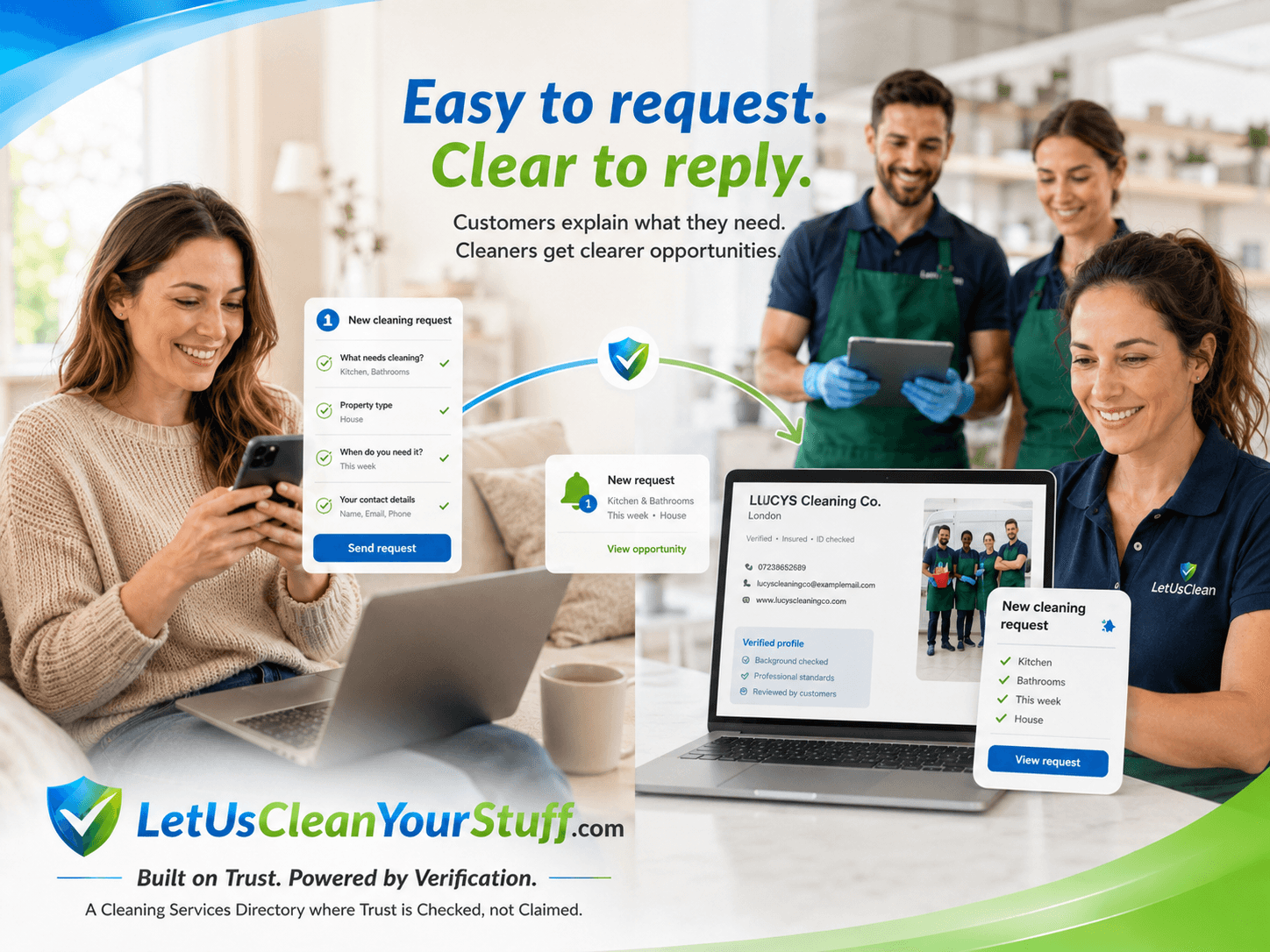 Cleaner campaign image showing a customer sending a cleaning request and a verified cleaning business receiving a clearer opportunity through a shareable profile and guided request flow.