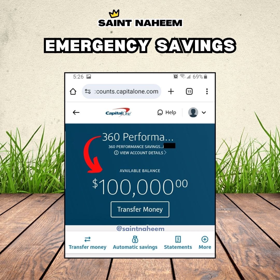 Bankroll Freedom course creator Naheem B. Houston (Saint Naheem) sharing his $100K savings milestone screenshot.