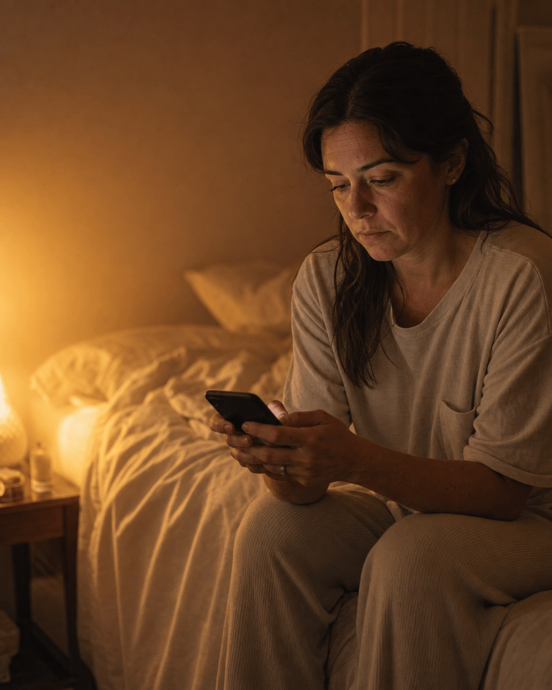 A woman sitting on her bed late at night, looking at her phone.
