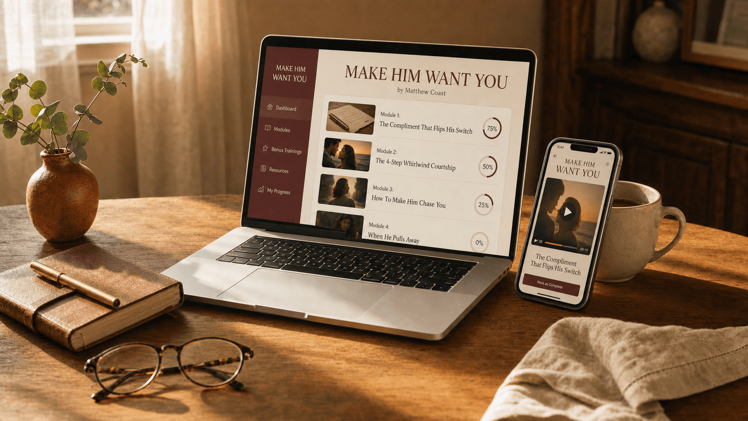 Make Him Want You program on laptop and phone.