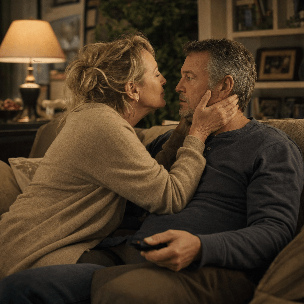 Mature woman taking her husband's face in her hands on the couch