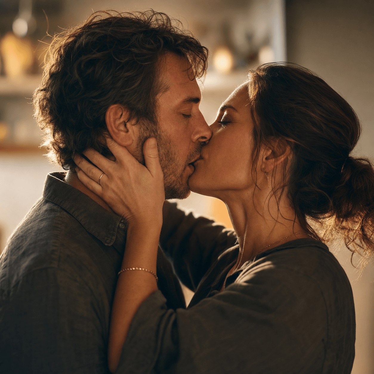 Couple kissing with her hand on the back of his neck