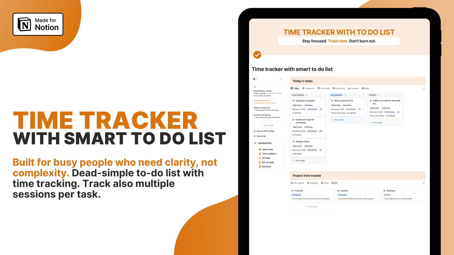 Time tracker with smart to do list - free notion template