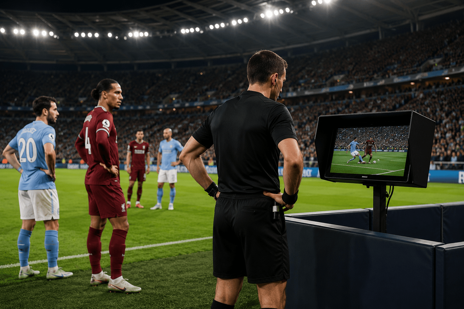 VAR review technology and football officiating illustration
