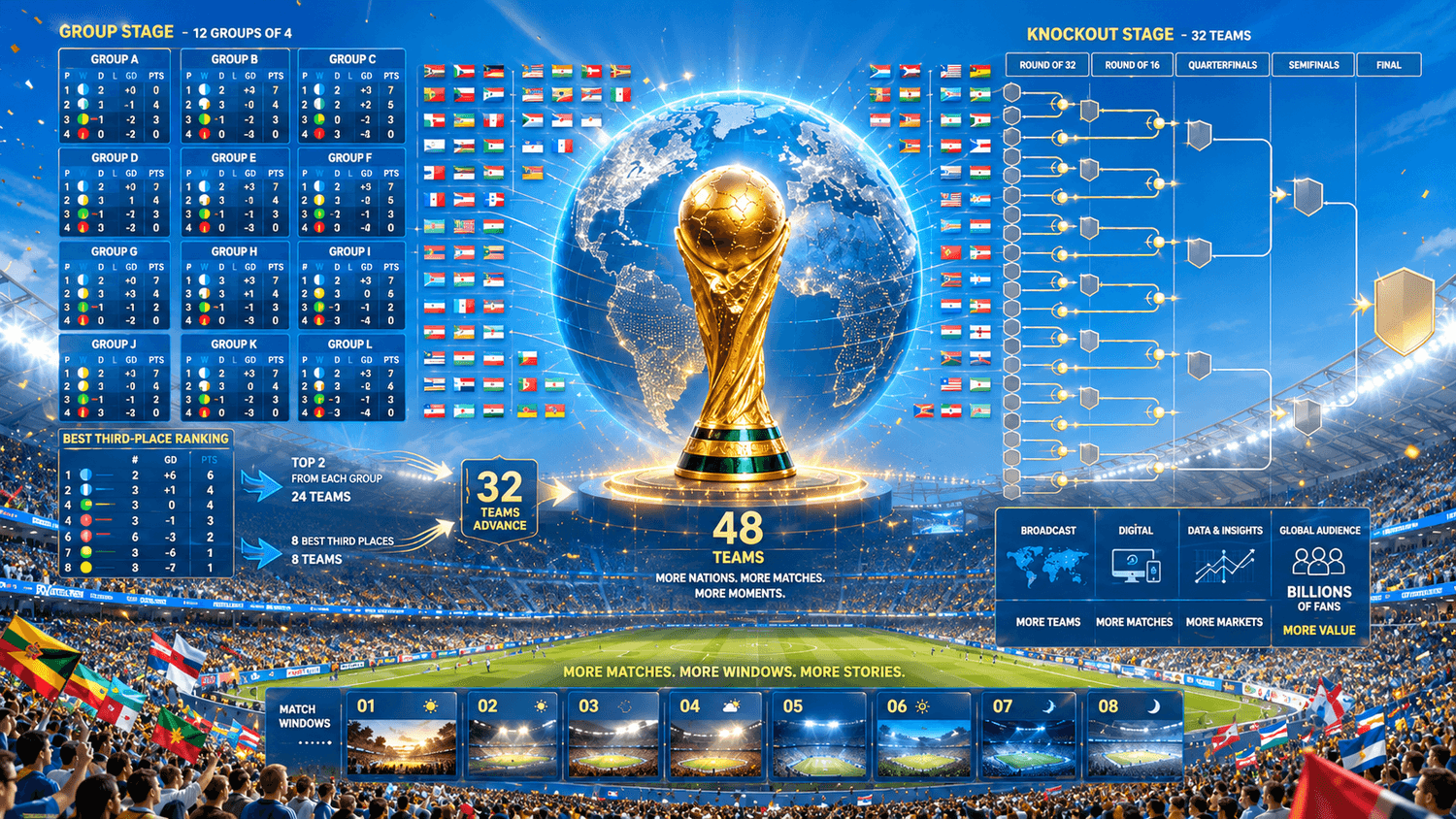 48-team World Cup format illustration with groups and knockout structure
