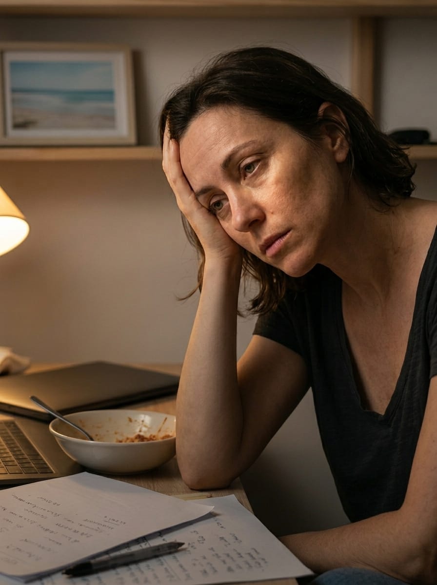 Professionnelle du soin épuisée, assise, le regard absent