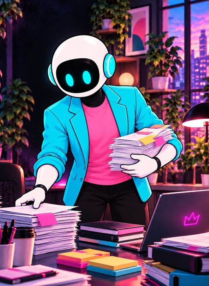 Le robot trie une pile de papiers dans un bureau encombré