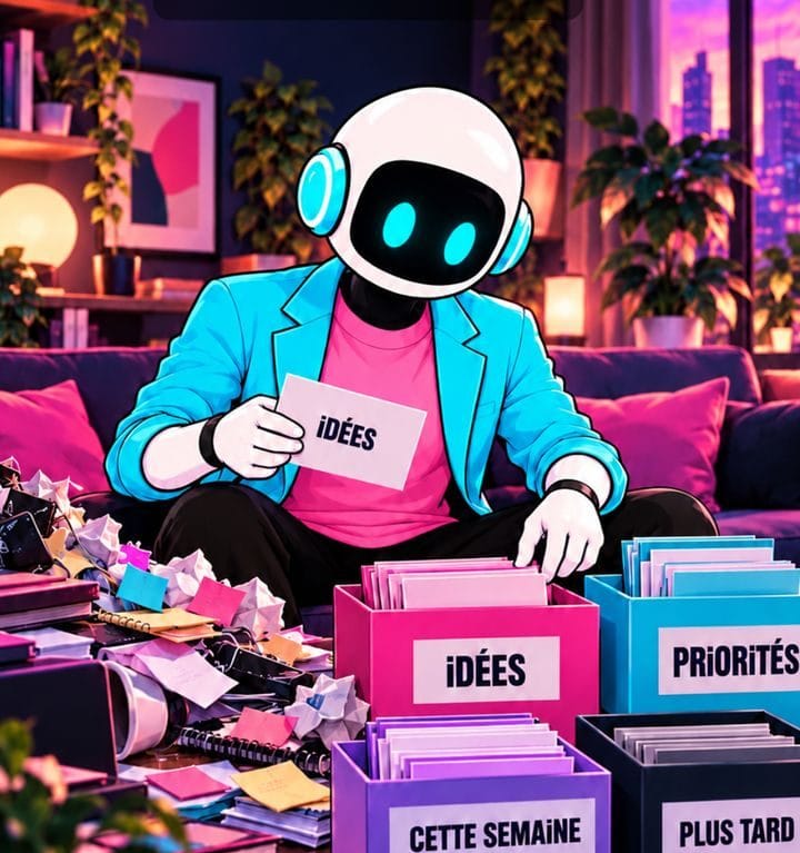 Le robot classe des idées dans des boîtes : idées, priorités, cette semaine, plus tard
