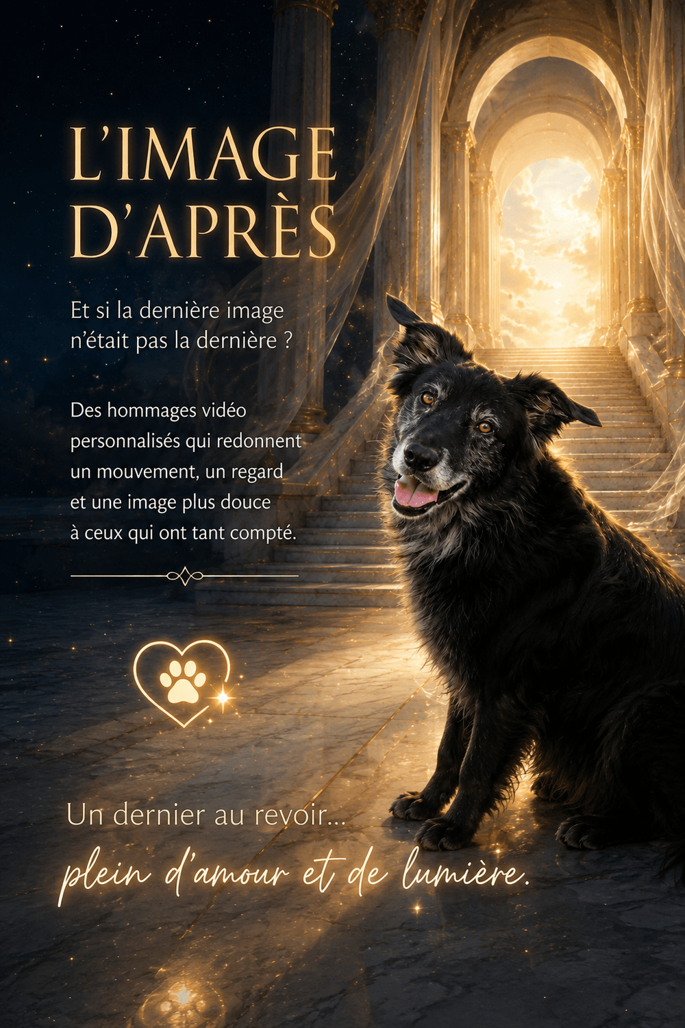 Drago, chien noir aux yeux ambrés devant un escalier lumineux, mascotte de L’Image d’après.