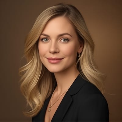 professional blonde woman portrait warm neutral background