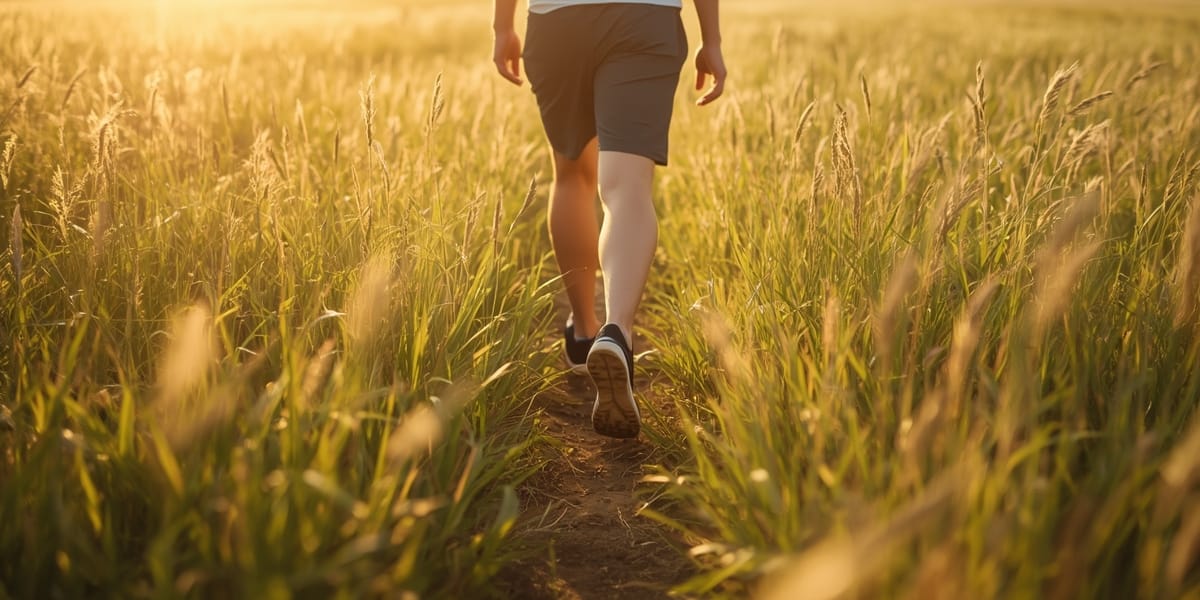 adult walking through a sunlit grassy field, cropped waist-down, natural movement, warm and realistic health photography