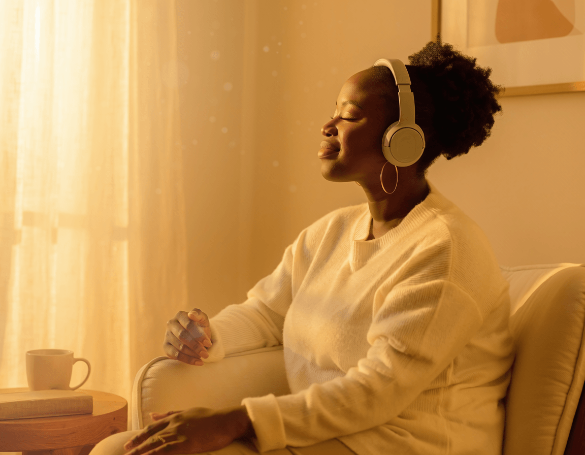 Someone listening to their song through headphones, eyes closed