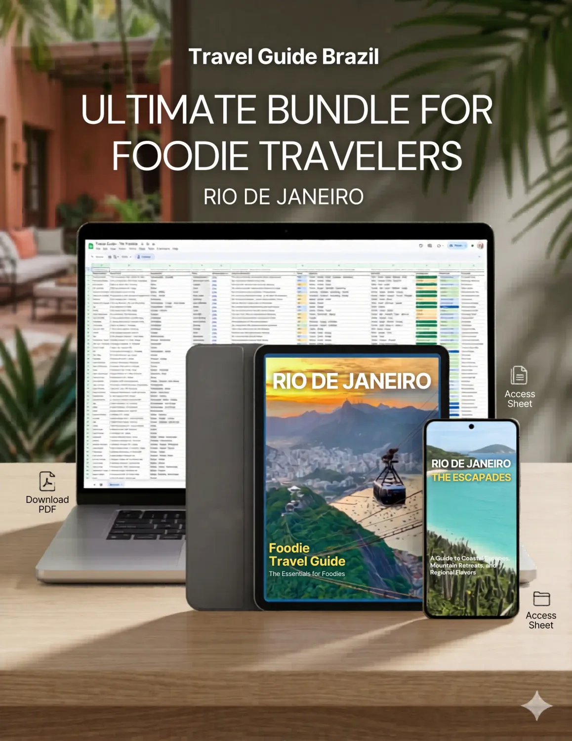 Travel Guide Brazil complete digital bundle — Rio de Janeiro Foodie Essentials guide, The Escapades day trip guide, and Foodie Master Spreadsheet displayed on phone and tablet
