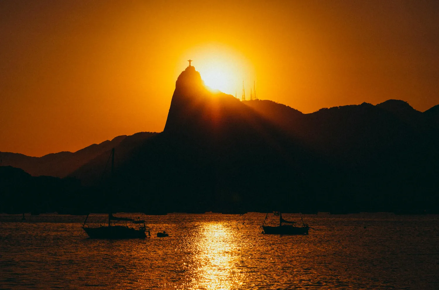 Golden hour over Guanabara Bay and Christ the Redeemer, Rio de Janeiro
