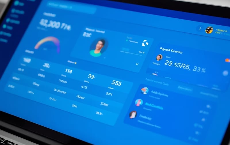 interactive payroll assistant app mockup, clean dashboard, professional blue interface