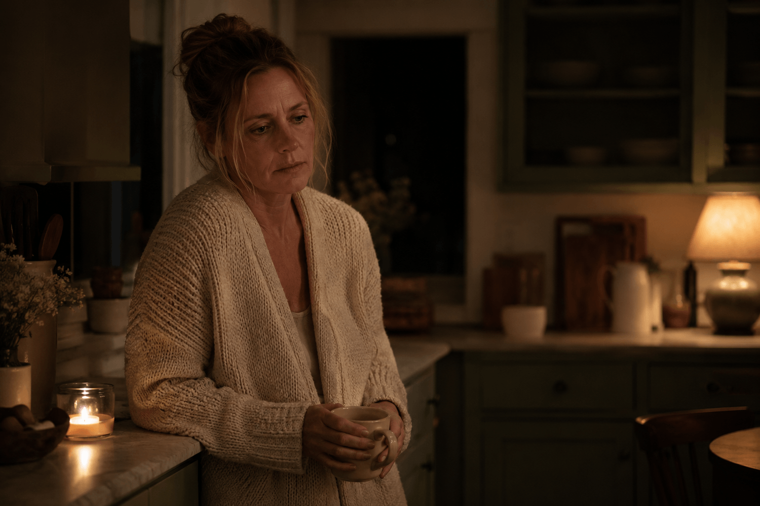 Tired woman alone in her kitchen at night, soft warm light
