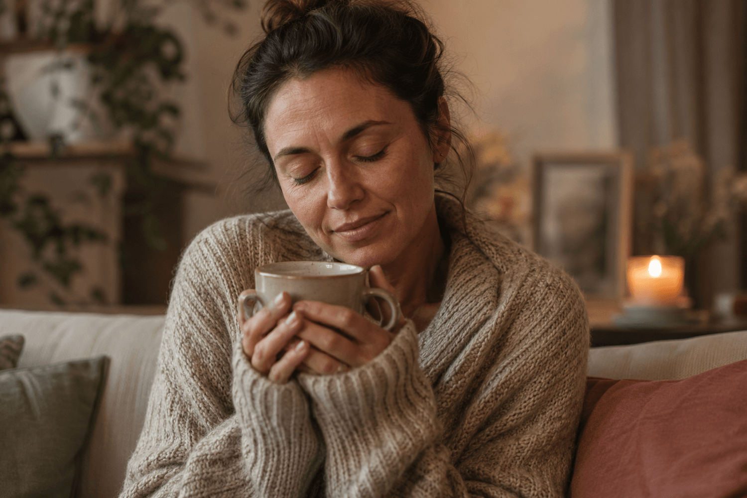 Woman quietly holding a warm mug, recognizing herself