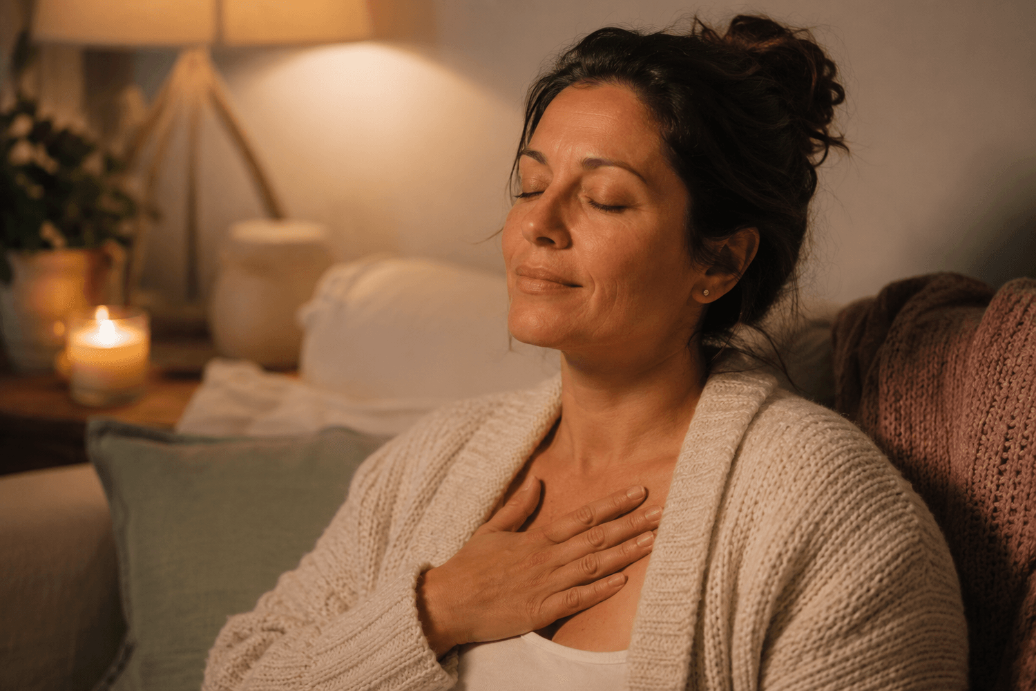 Woman resting with a hand on her chest, eyes closed, calming her nervous system