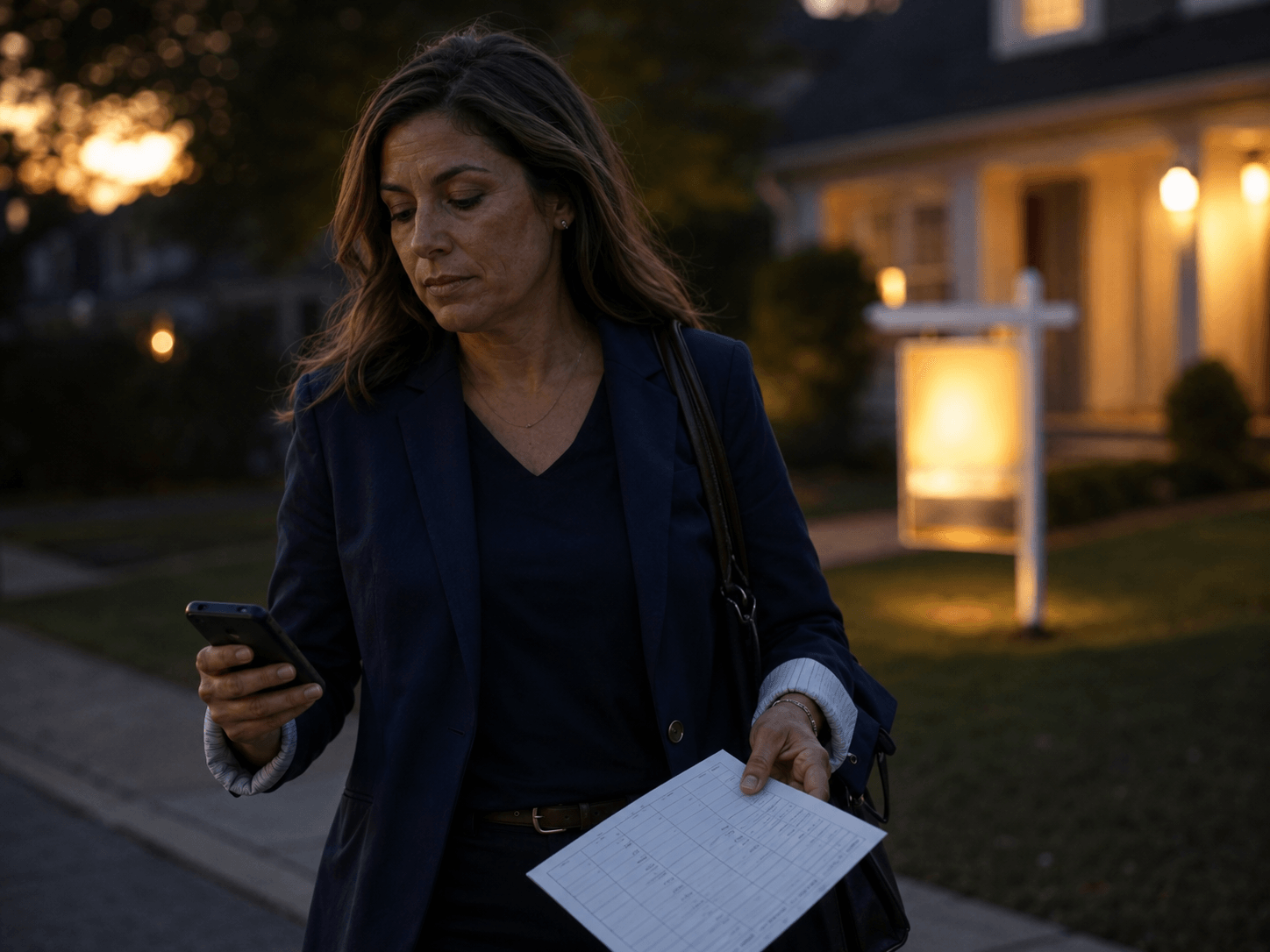 Agent leaving an open house at dusk with a sign-in sheet