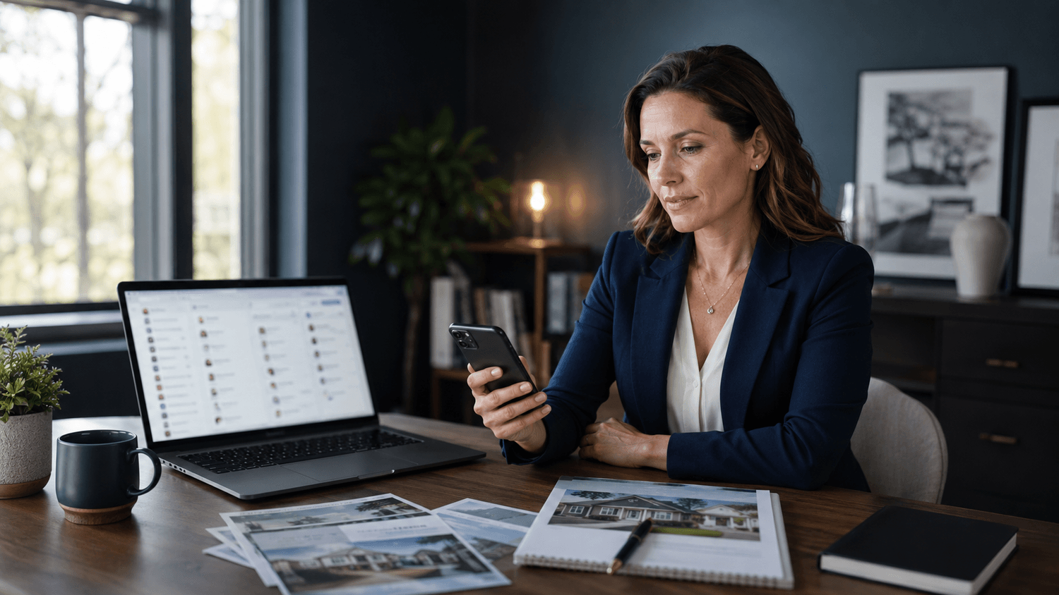 Realtor at desk reviewing leads on phone and laptop