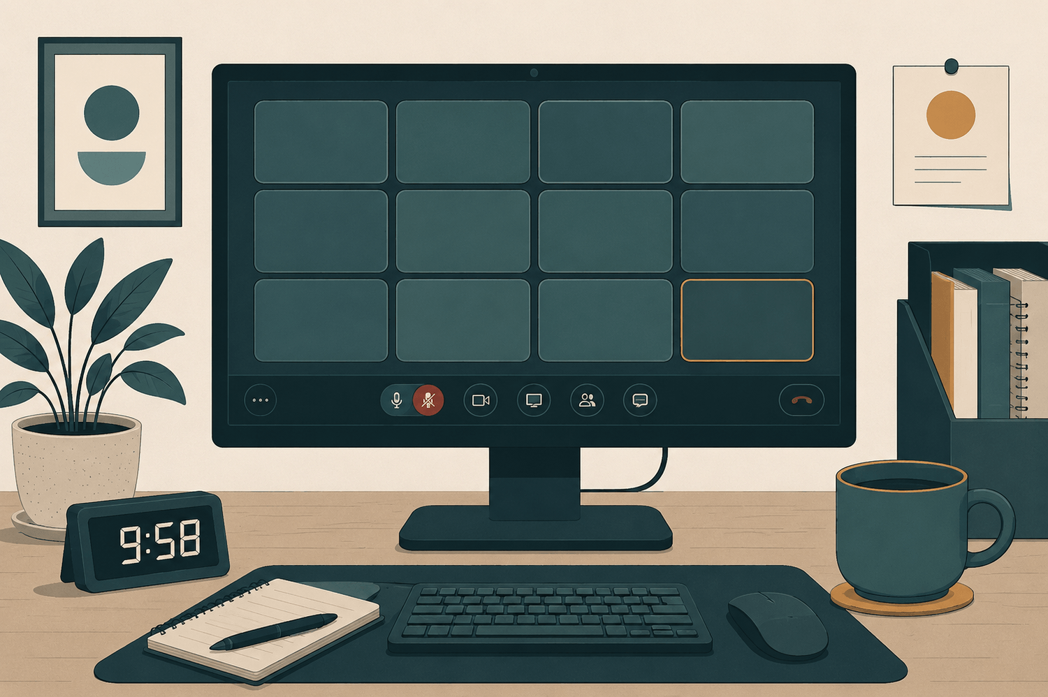 Desk before a video call — finger over the unmute button