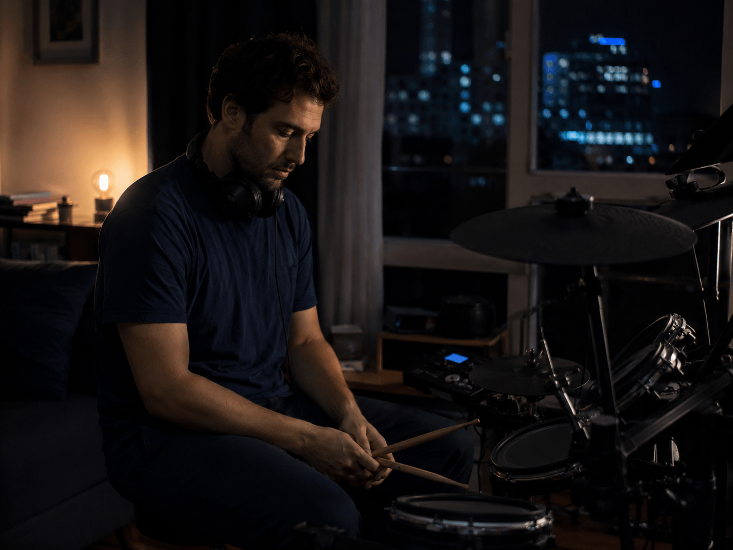 Drummer sitting quietly at an electronic kit at night, hesitating to play