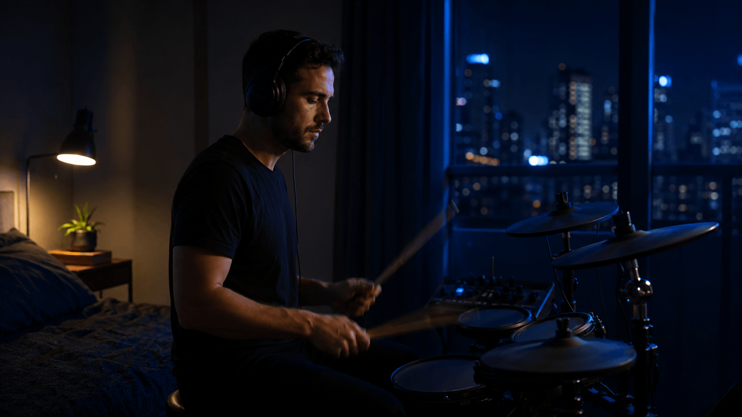 Drummer practicing quietly at night in an apartment