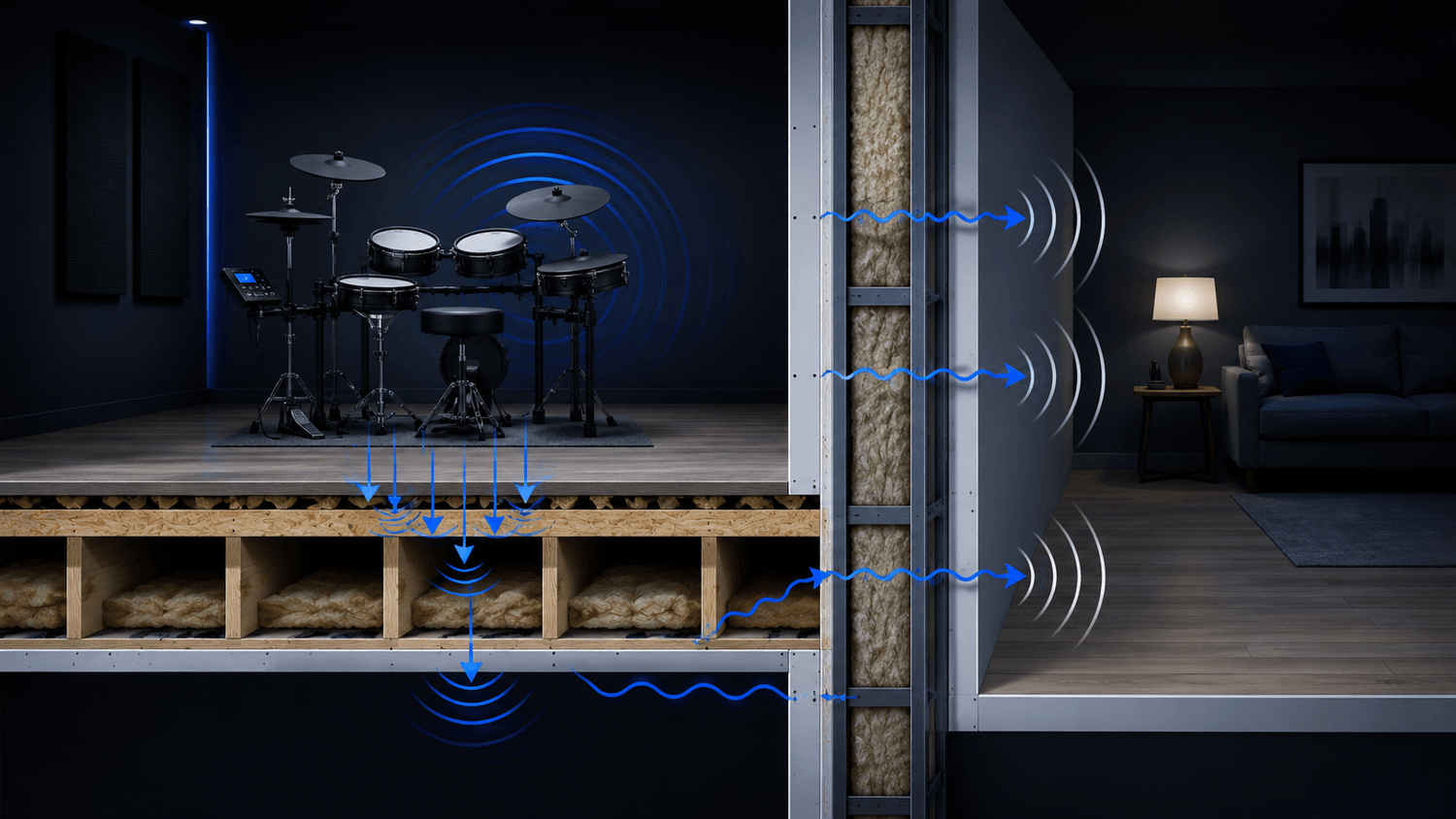 Diagram illustrating sound transmission through apartment walls and the silent practice framework