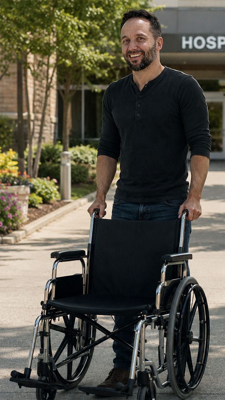 Danny standing outside the hospital, out of the chair