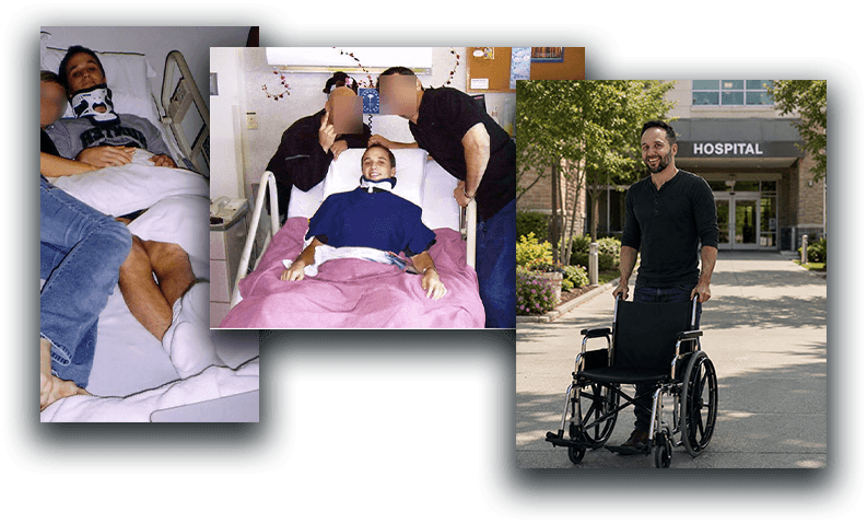 Danny in the hospital right after his injury in 2004, then walking out three months later