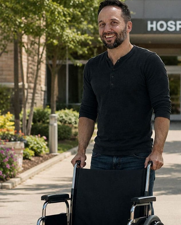 Danny standing with wheelchair