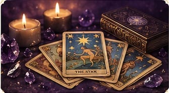 Tarot cards, candles and crystals
