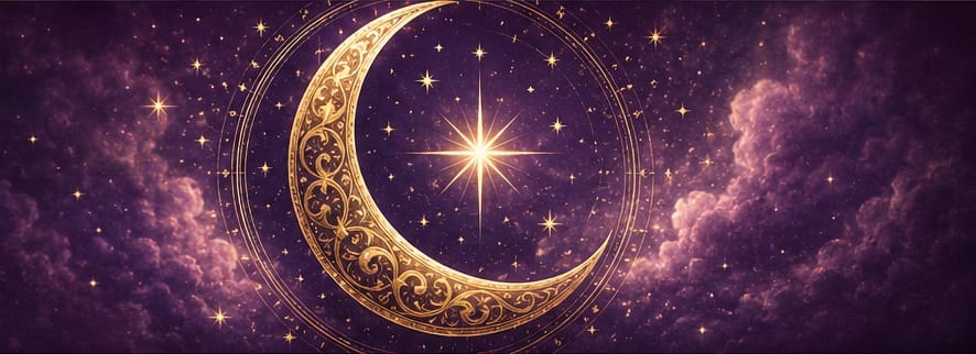Golden crescent moon and stars