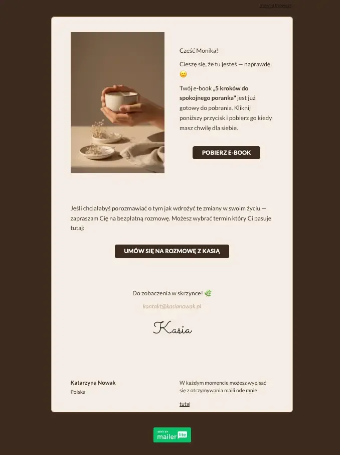 Podgląd automatycznej wiadomości z e-bookiem