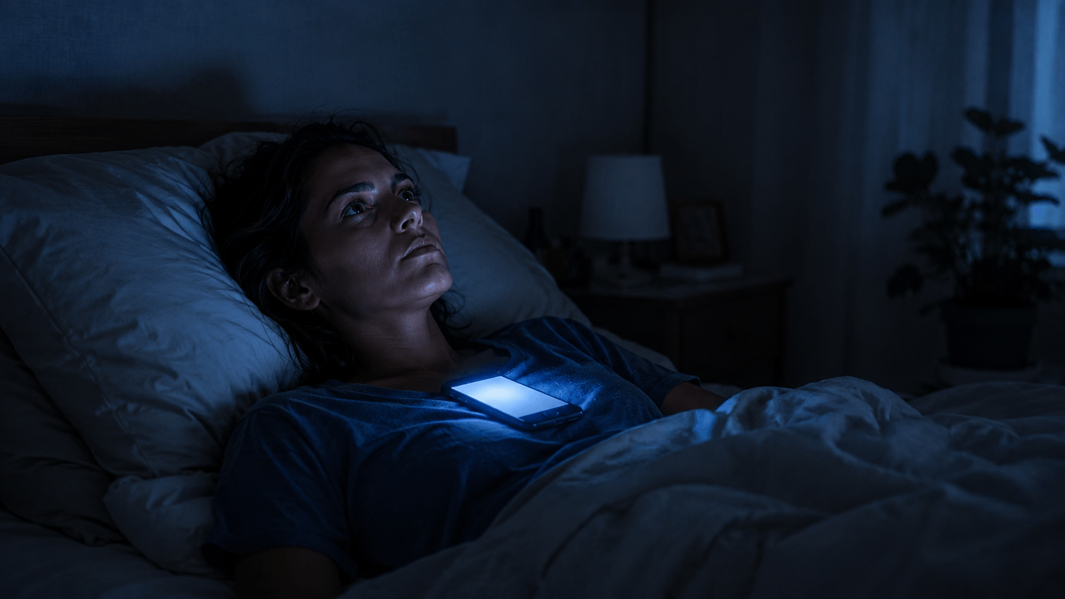Mujer tumbada a oscuras mirando el techo de madrugada