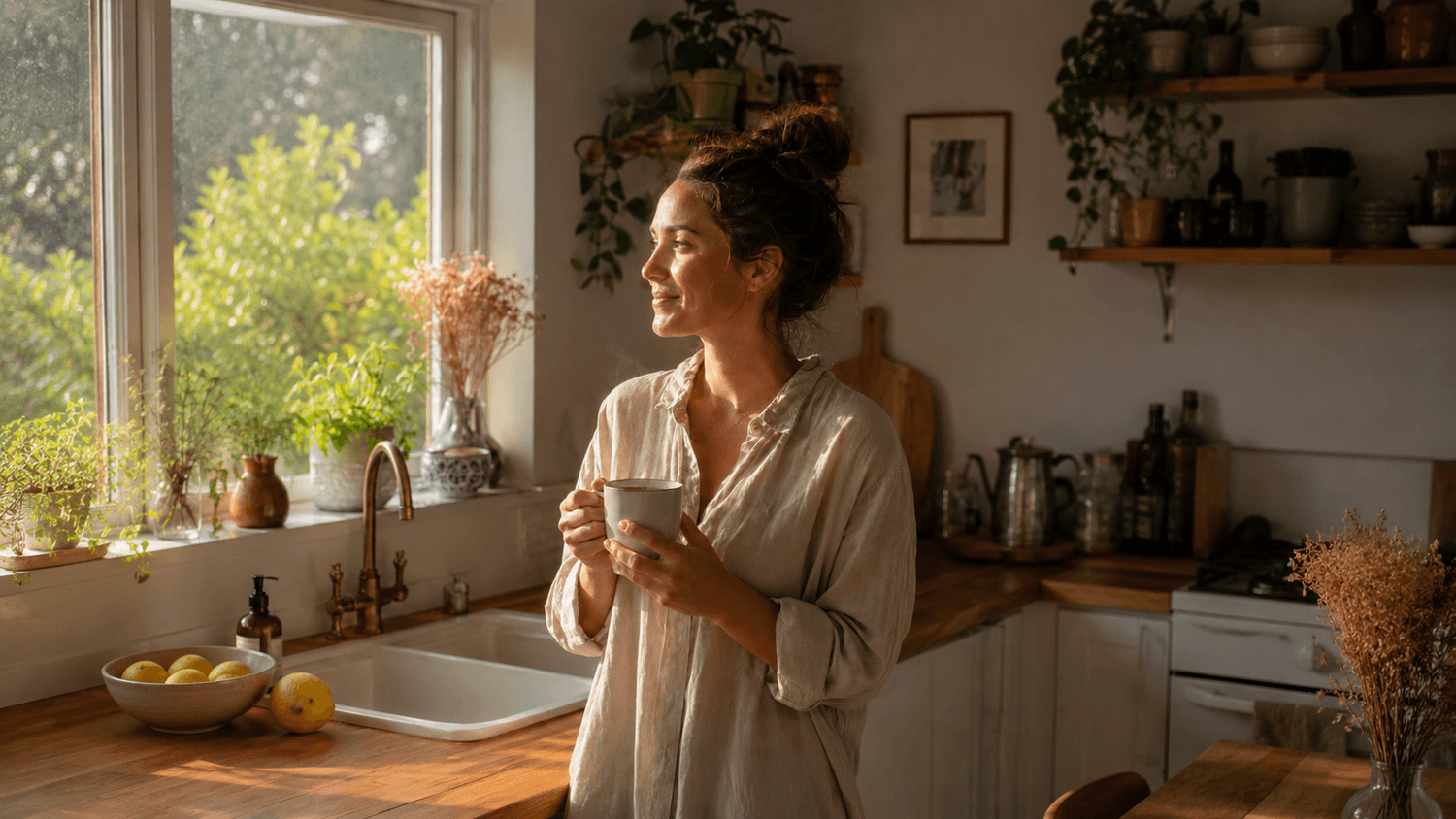 Mujer tranquila en una cocina luminosa por la mañana con un cafe