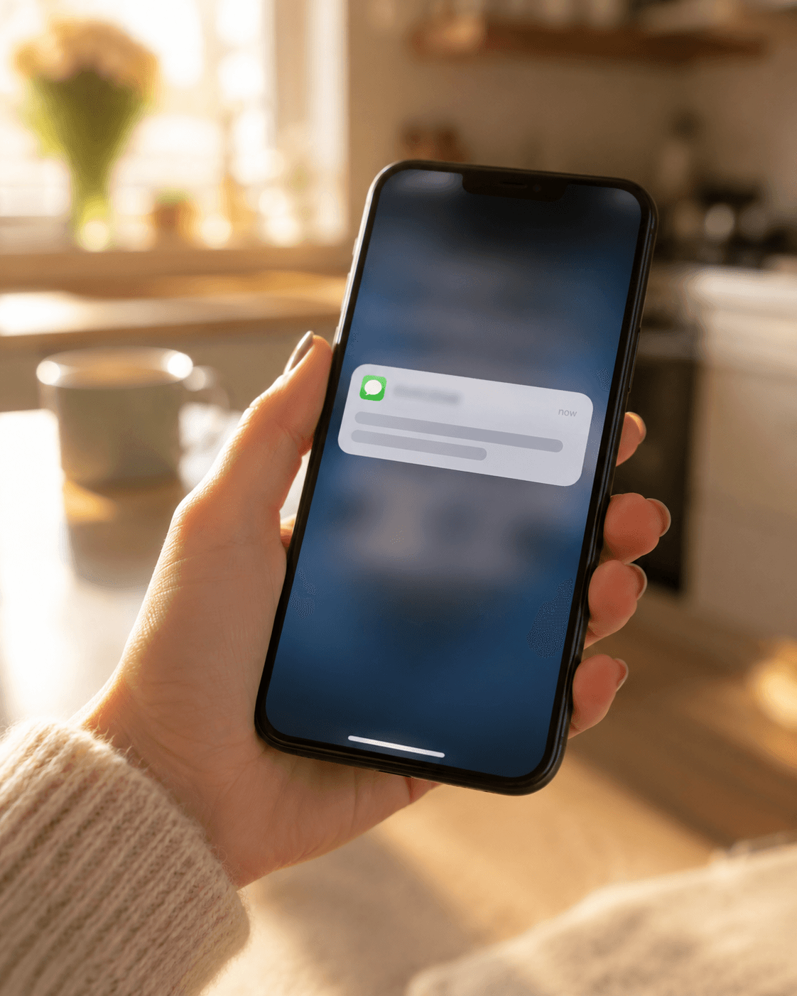 Primer plano de un movil con un mensaje entrante en una cocina luminosa