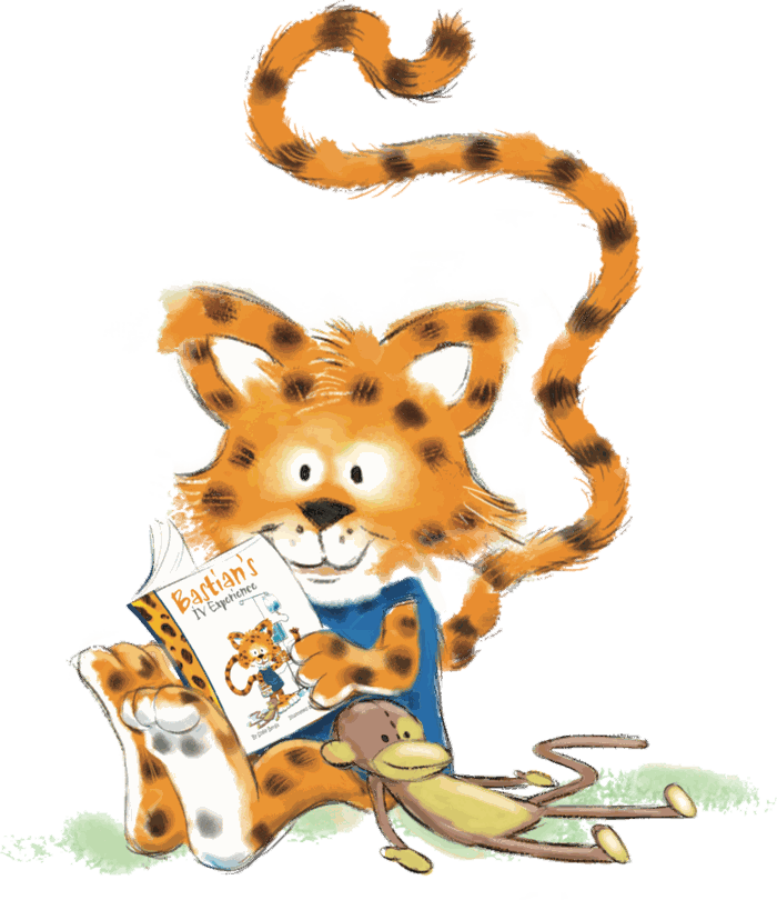 Bastian the Cheetah reading Bastian's IV Experience with his toy monkey