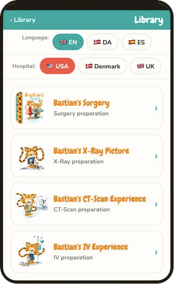 Preview of the Bastian Adventures app on a phone, showing the book library with language and hospital settings
