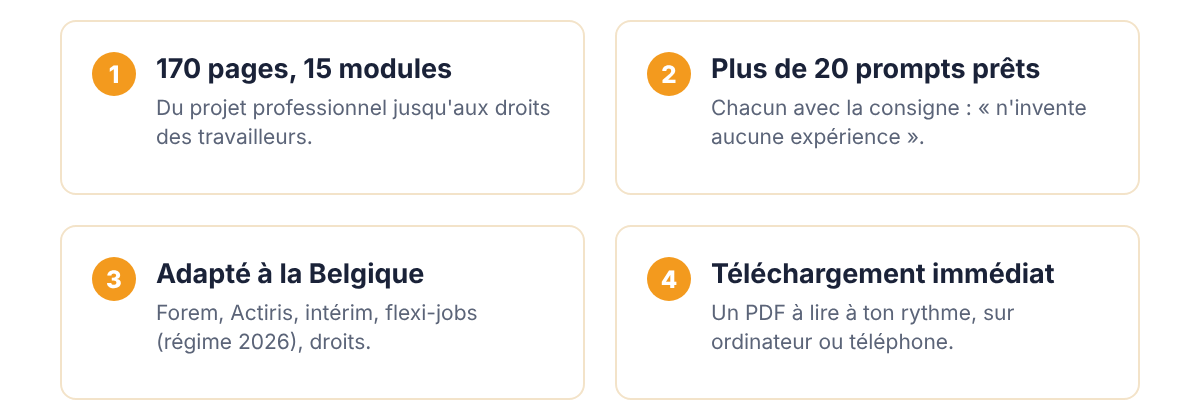 170 pages et 15 modules, plus de 20 prompts prêts, adapté à la Belgique, téléchargement immédiat