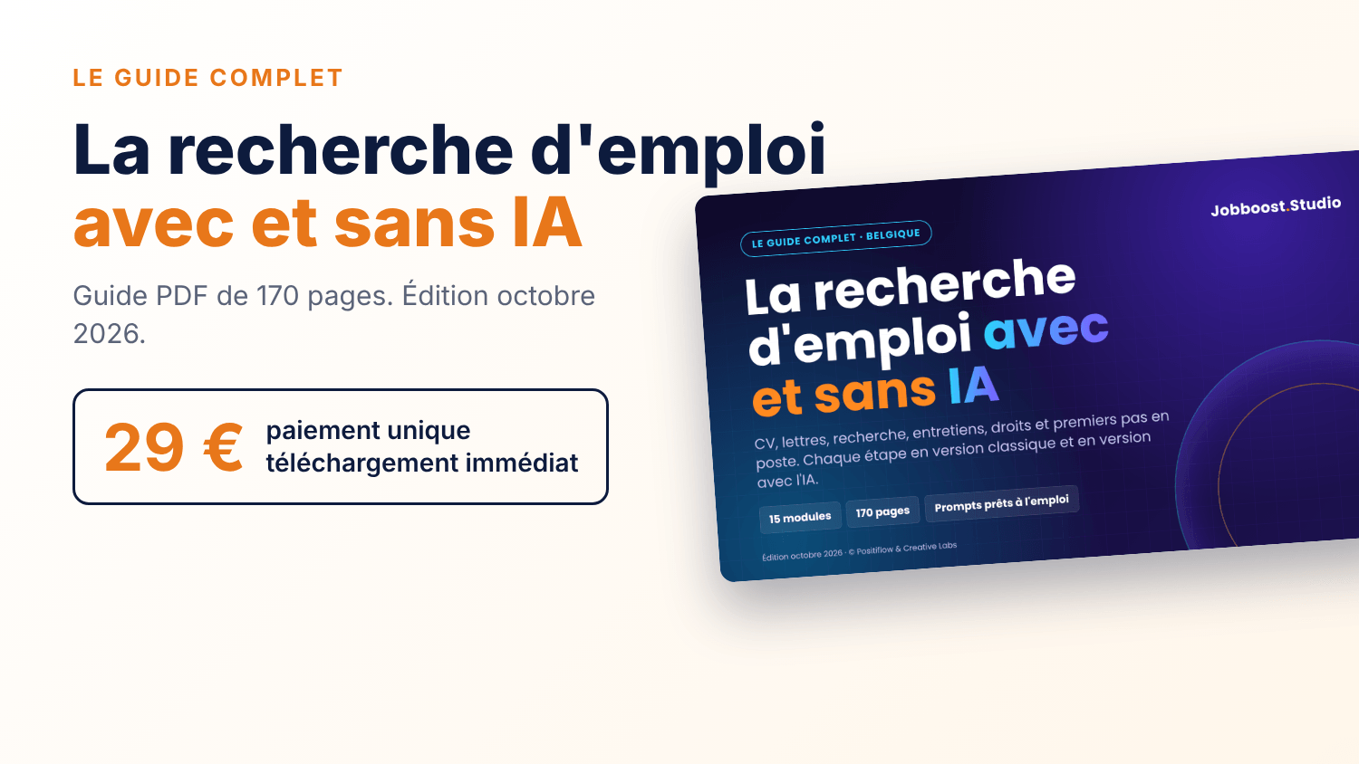 Le guide complet La recherche d'emploi avec et sans IA, guide PDF de 170 pages, 29 euros en paiement unique