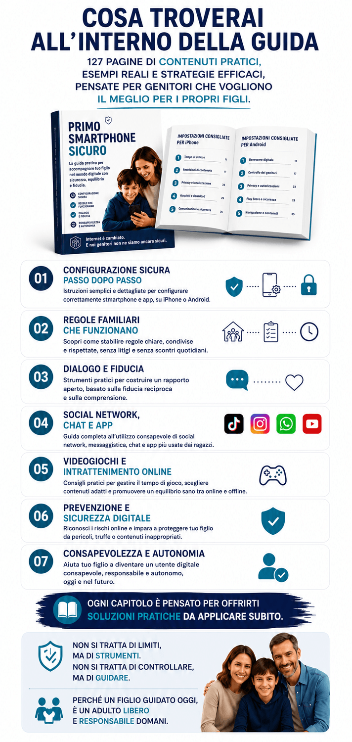 I capitoli e i contenuti della guida Primo Smartphone Sicuro: 127 pagine con istruzioni passo dopo passo per la configurazione sicura di iPhone e Android, regole familiari che funzionano, strategie di dialogo, gestione di social network, chat e app, consigli sui videogiochi, prevenzione e sicurezza digitale, e lo sviluppo di consapevolezza e autonomia nei figli.
