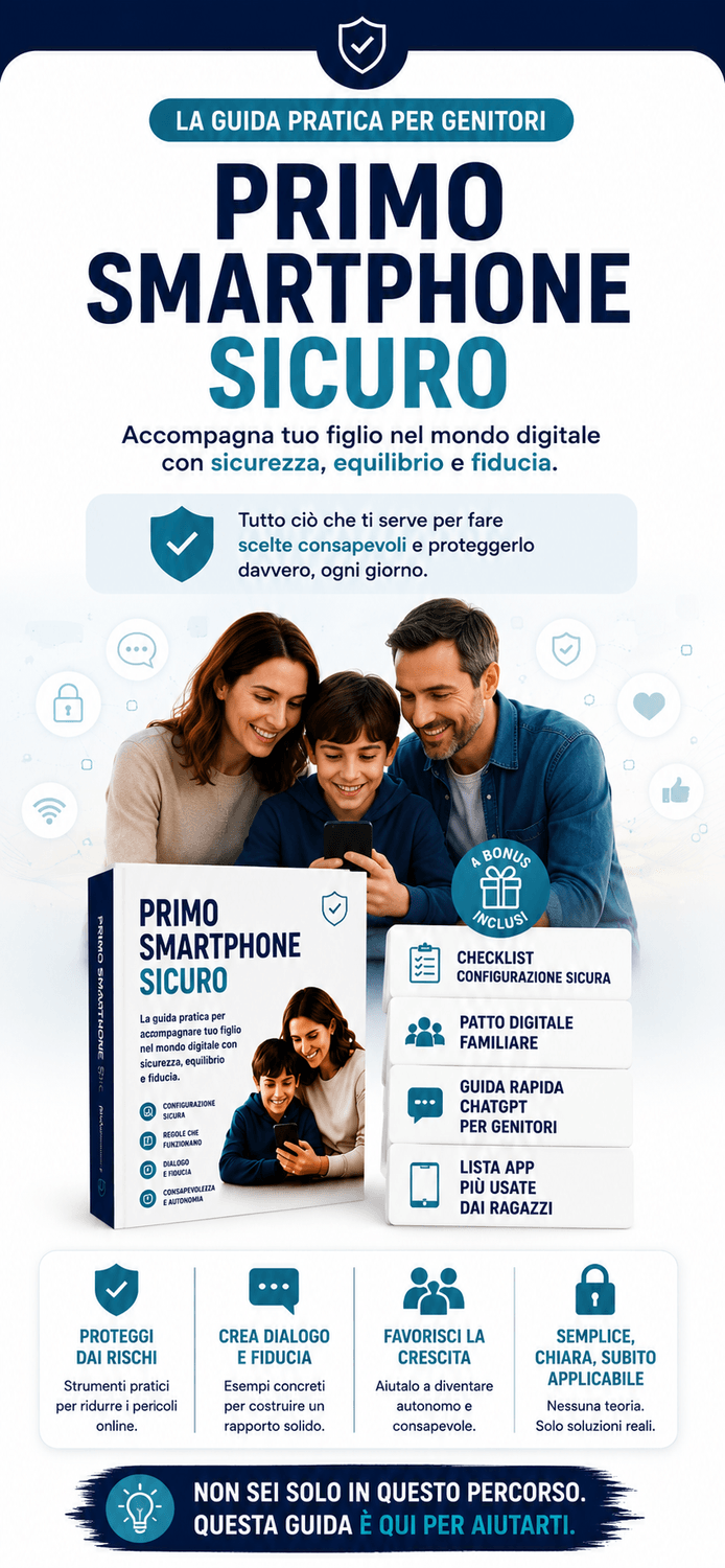 Primo Smartphone Sicuro - La guida pratica per genitori per accompagnare i figli nel mondo digitale con sicurezza, equilibrio e fiducia.