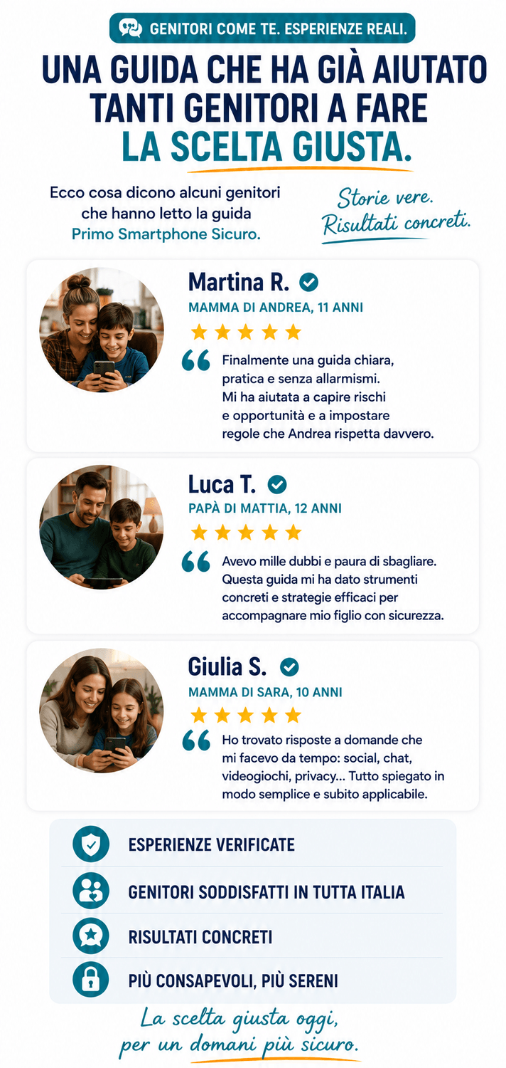 Recensioni e testimonianze di genitori soddisfatti che hanno letto il libro manuale Primo Smartphone Sicuro. Esperienze reali di mamme e papà che hanno trovato risposte a dubbi su social network, chat, videogiochi e privacy, riuscendo a impostare regole efficaci per i figli e a superare la paura di sbagliare grazie a strumenti pratici e senza allarmismi.